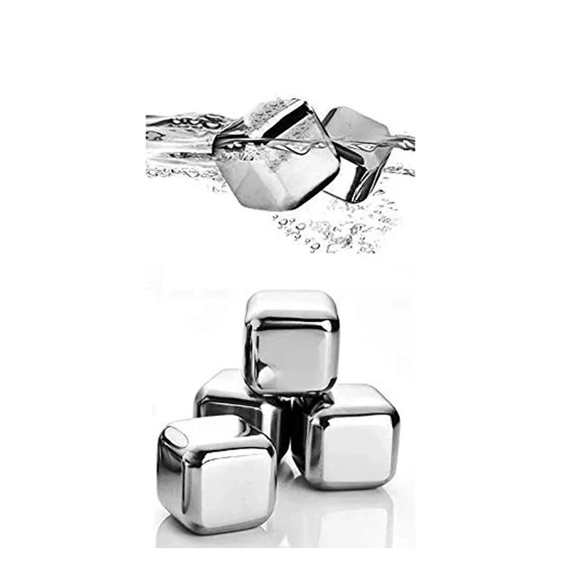 مکعب های یخ استیل در حال خنک‌سازی نوشیدنی و تصویر جداگانه از مکعب‌های استیل روی سطح سفید