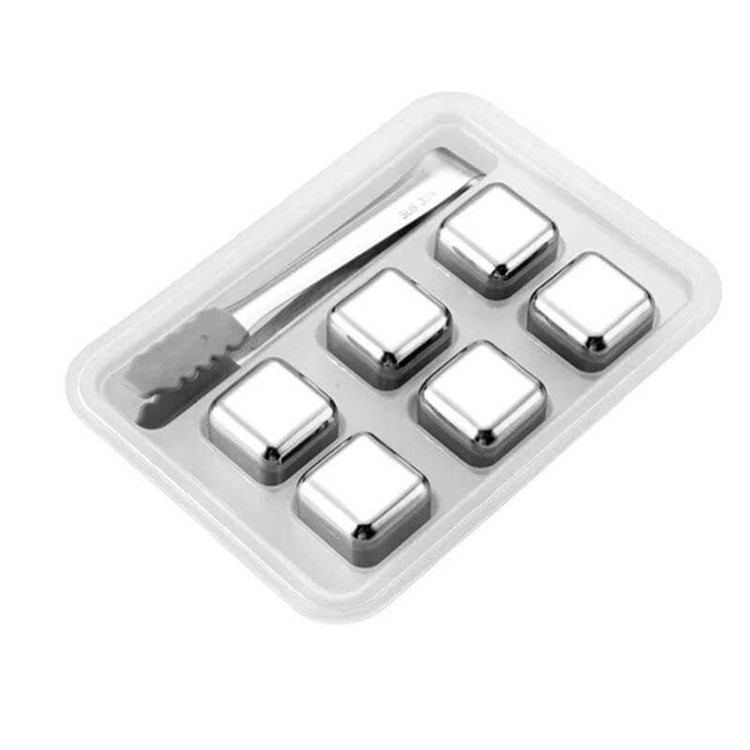 سنگ یخ استیل ۶ عددی با انبر فلزی برای نوشیدنیها