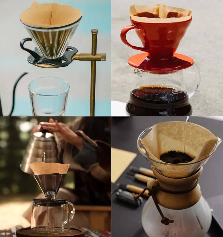 چهار مدل مختلف دم‌آوری قهوه با فیلتر کاغذی در دریپرهایی مثل V60، کمکس و استیل