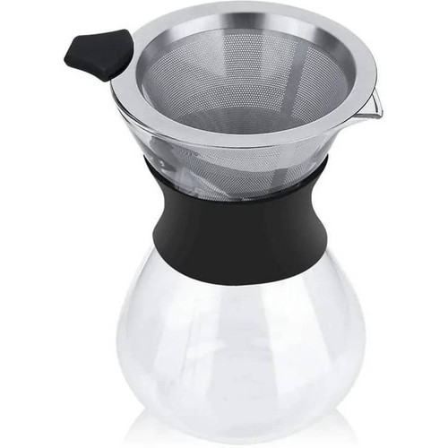 تصویر قهوهساز کمکس با یقهی مشکی و فیلتر استیل روی میز قهوه