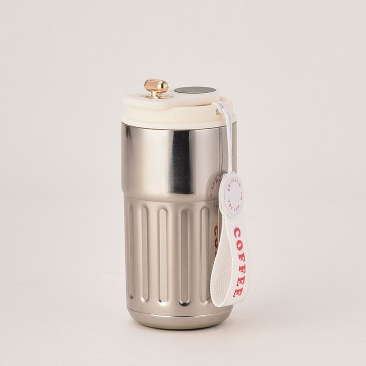 تراول ماگ استیل نقرهای دماسنجدار با بند سفید