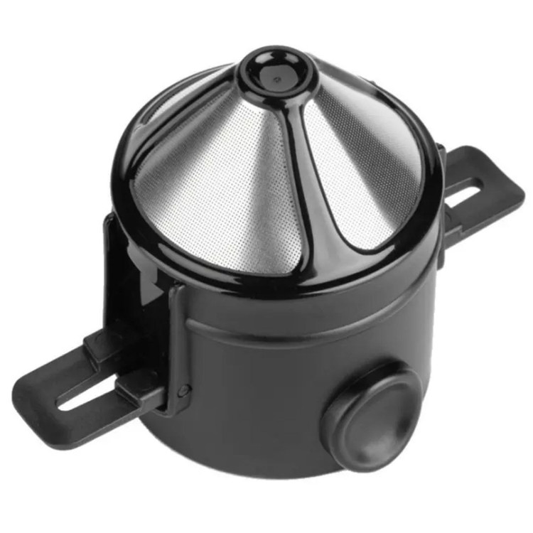 نمای کامل گجت قهوه با فیلتر استیل مخروطی