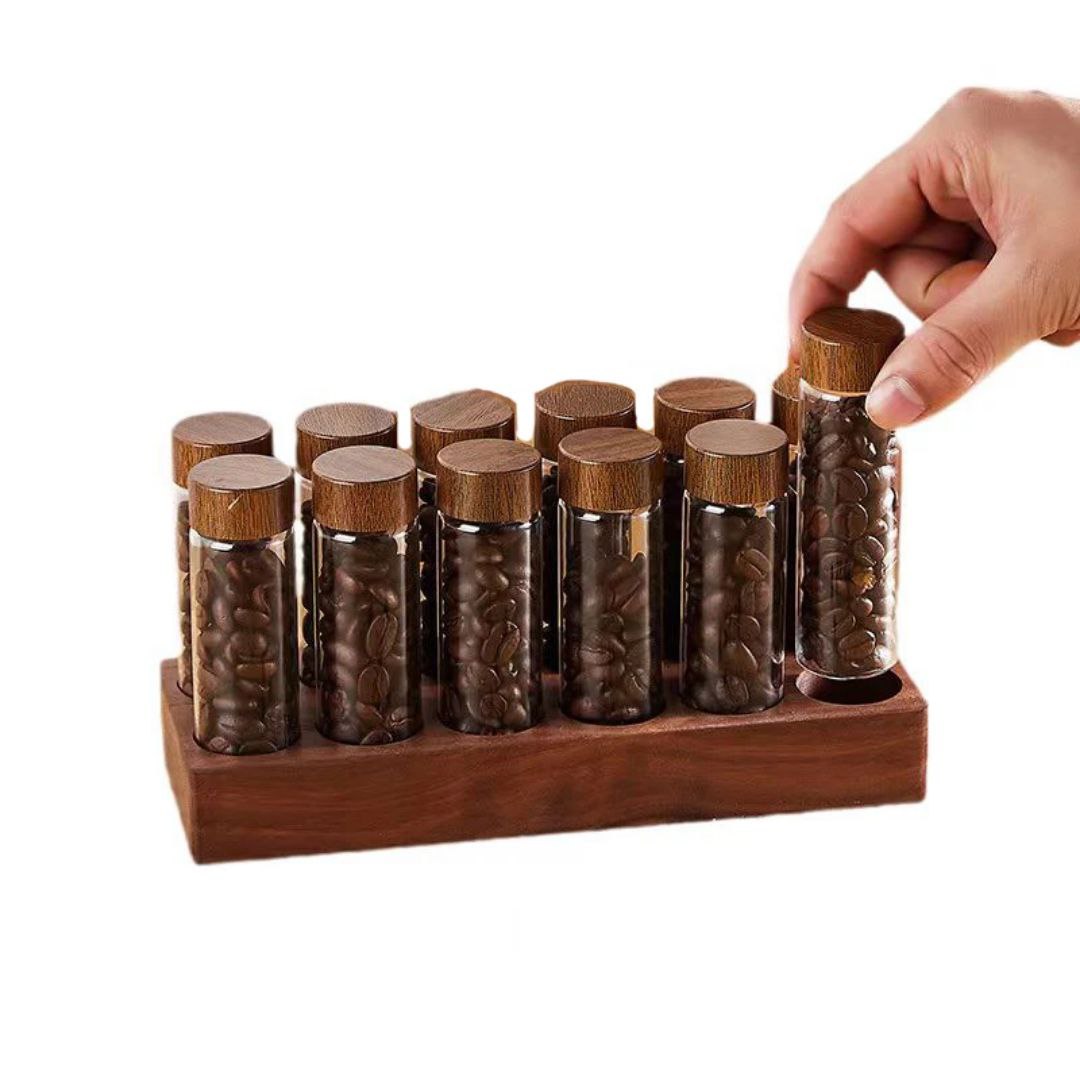 استند12 عددی شیشه قهوه با طراحی مینیمال و درب چوبی