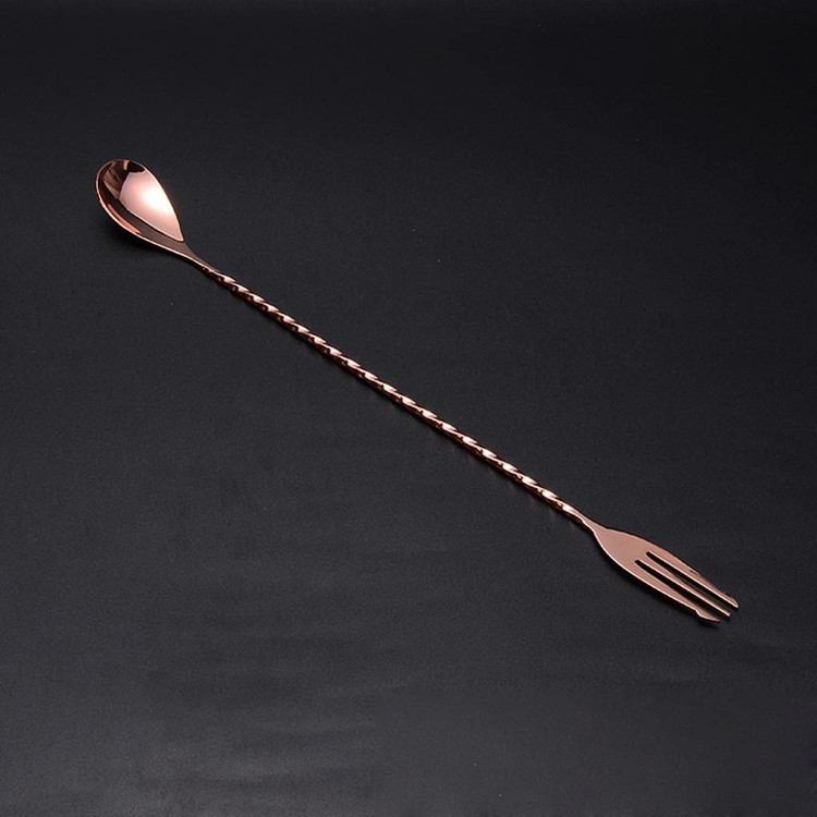 نمایش تال اسپون استیل دوسر یک سرقاشق و یک سر چنگال رنگ رزگلد دوسر