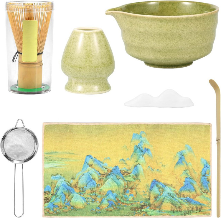 ست ۷ تکه ماچا بامبو ژاپنی شامل کاسه ماچا ، همزن بامبو ، قاشق، الک، پایه همزن ، ظرف ماچا و دستمال مخصوص برای تهیه چای ماچا سنتی
