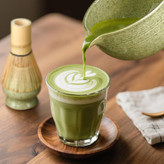 نمایش سرو چای ماچا در حال ریختن در لیوان شیک روی میز