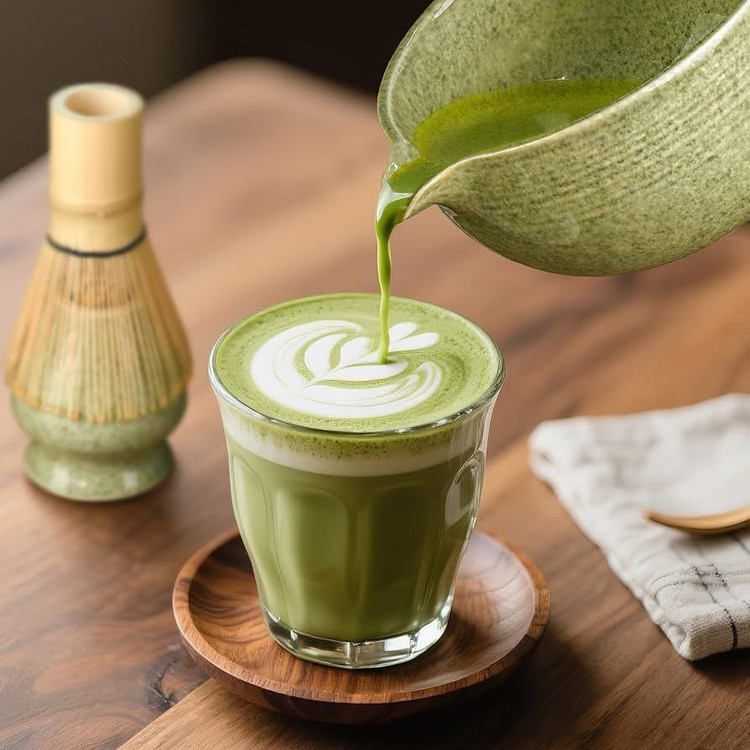 نمایش سرو چای ماچا در حال ریختن در لیوان شیک روی میز