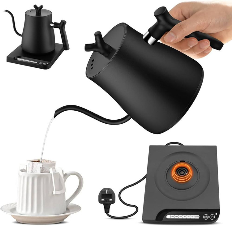 کتری برقی گوoseneck مشکی با پایه دیجیتال ، مناسب برای روش پوراور قهوه ، نمایش طراحی باریک و دسته گوoseneck برای ریختن دقیق آب